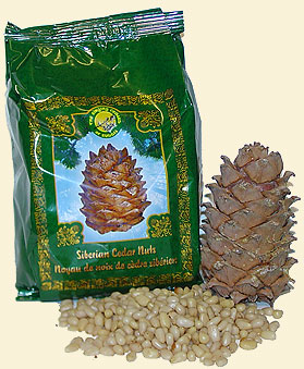 Shelled Siberian pine nuts bearing 'The Ringing Cedars of Russia' brand name.