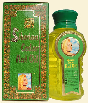 Cedar nut oil (pine nut oil) from Siberian cedar nuts, bearing 'The Ringing Cedars of Russia' brand name.